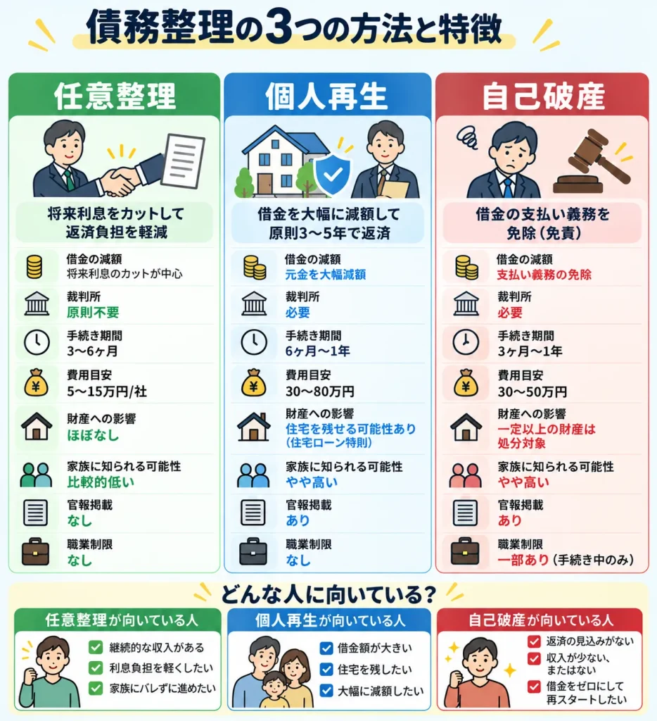 債務整理の３つの種類を解説した画像